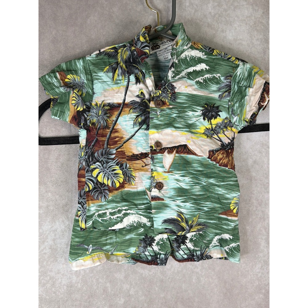 VTG Aloha Republic Hawaiian Set‎ Unisex Kids 6M Green Tropical Shirt Shorts USA
